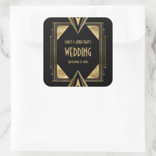 Sticker Carré Noms Art Déco Date Gold Noir Mariage