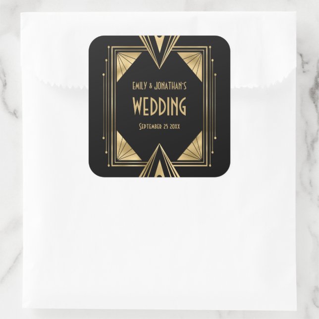 Sticker Carré Noms Art Déco Date Gold Noir Mariage (Sac)