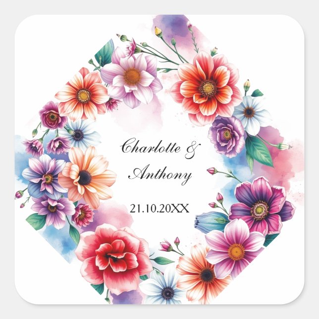 Sticker Carré Noms floraux créatifs mariages de couple et date (Devant)