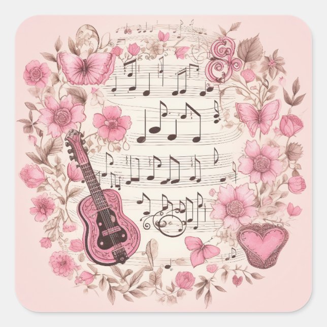 Sticker Carré Notes de musique et Fleurs style rétro (Devant)