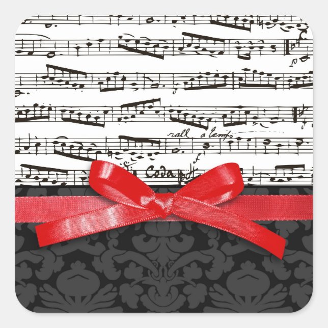 Sticker Carré Notes de musique et ruban faux rouge (Devant)