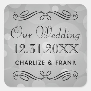 Sticker Carré Notre Mariage Monogramme Élégant Gris Défilement