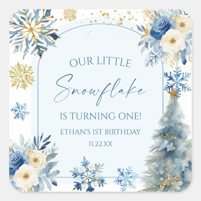 Sticker Carré Notre petit Flocon de neige Blue Winter Birday Par (Devant)