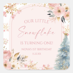 Sticker Carré Notre Petit Flocon de neige rose fête d'anniversai