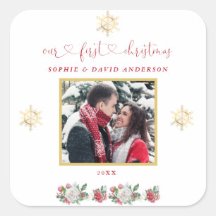 Sticker Carré Notre premier Mariage photo floral de Noël