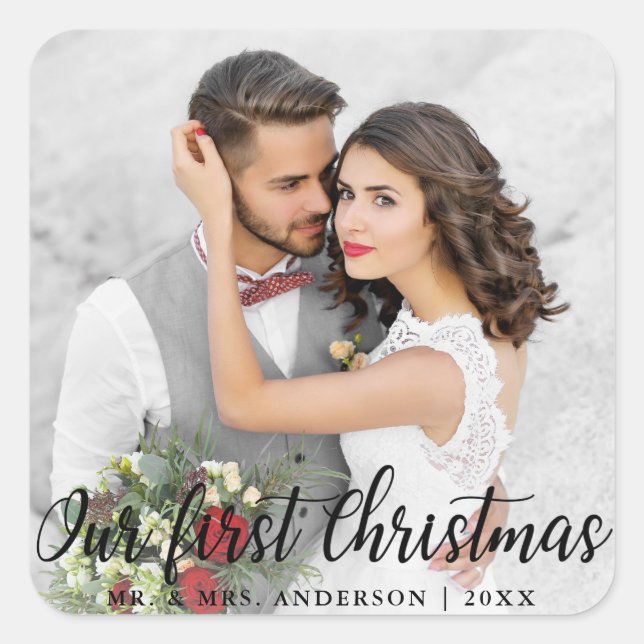 Sticker Carré Notre première photo de Mariage de Noël (Devant)