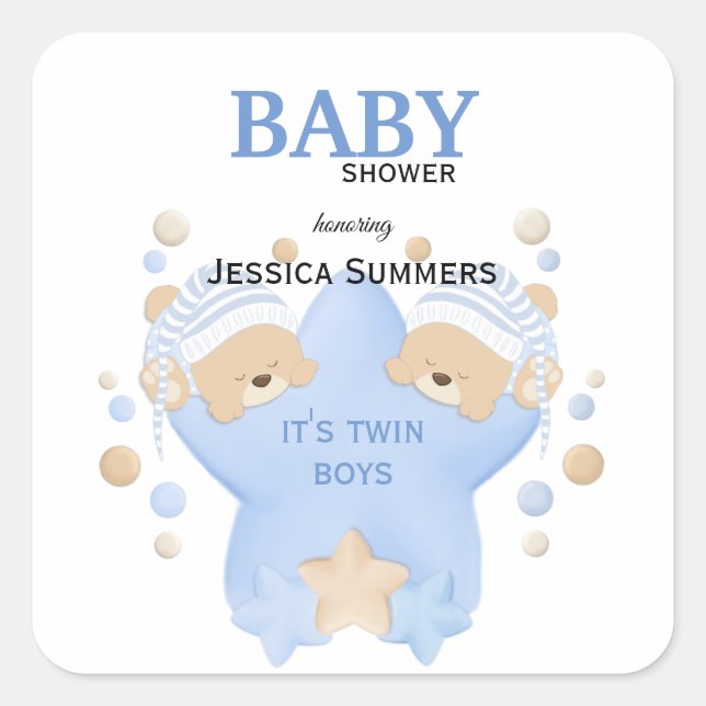 Sticker Carré Nounours couchage mignon Twin Baby Boys Douche Sq (Devant)