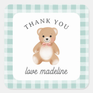 Sticker Carré Nounours en peluche à noeud papillon Gingham Vert