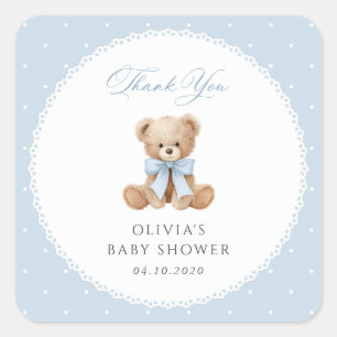 Sticker Carré Nounours, Nœud Bleu, Points Bleus, Baby Shower