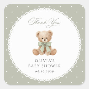 Sticker Carré Nounours, Nœud, Points verts, Baby Shower