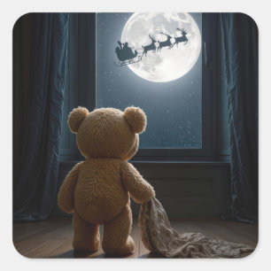 Sticker Carré Nounours regardant le Père Noël et les rennes