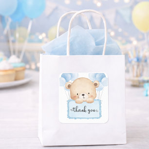 Sticker Carré Nounours Teddy Bear Bleu Pastel Baby Shower Remerc