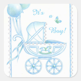 Sticker Carré Nouveau Bébé Garçon Bleu Buggy et Ballons