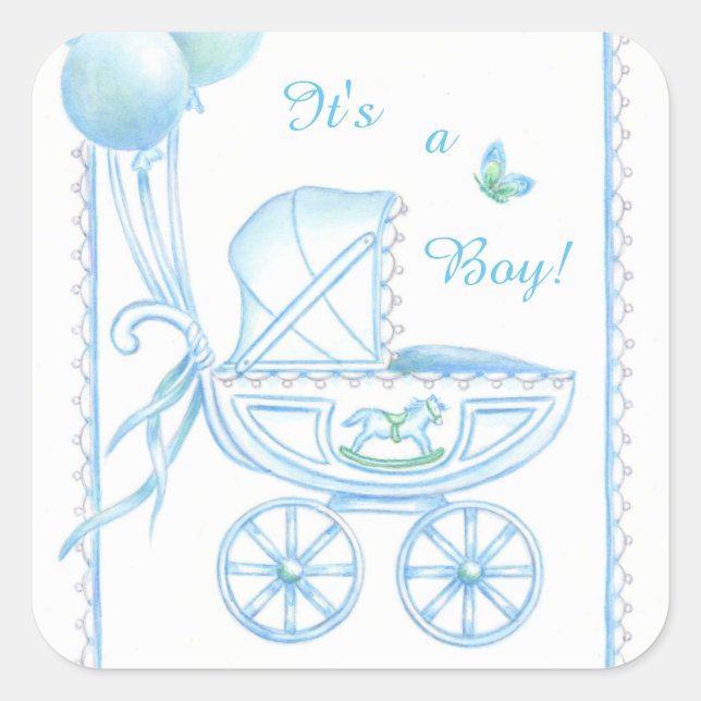 Sticker Carré Nouveau Bébé Garçon Bleu Buggy et Ballons (Devant)