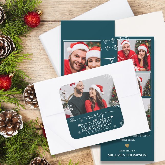 Sticker Carré Nouveau Noël Vert Joyeux & Marié Photo (Newlywed Christmas Green Merry & Married Photo Square Sticker)