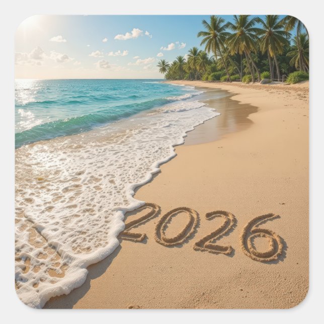 Sticker Carré Nouvel An 2026 Plage tropicale (Devant)