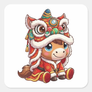 Sticker Carré Nouvel An Chinois Cheval 2026 Zodiaque