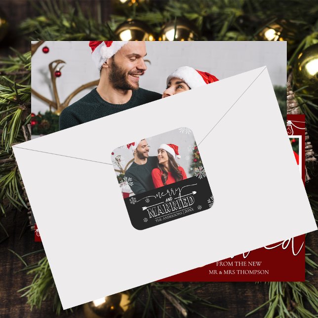 Sticker Carré Nouvel anniversaire Black Merry & Marié Photo (Newlywed Christmas Black Merry & Married Photo Square Sticker)