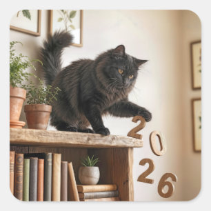 Sticker Carré Nouvelle Année 2027 Chat Enjoué
