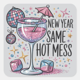Sticker Carré Nouvelle Année Foutoir Drôle Martini Alcool 