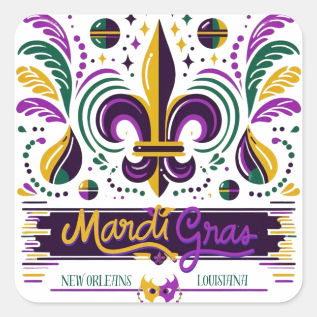 Sticker Carré Nouvelle-Orléans Mardi Gras jaune violet vert (Devant)