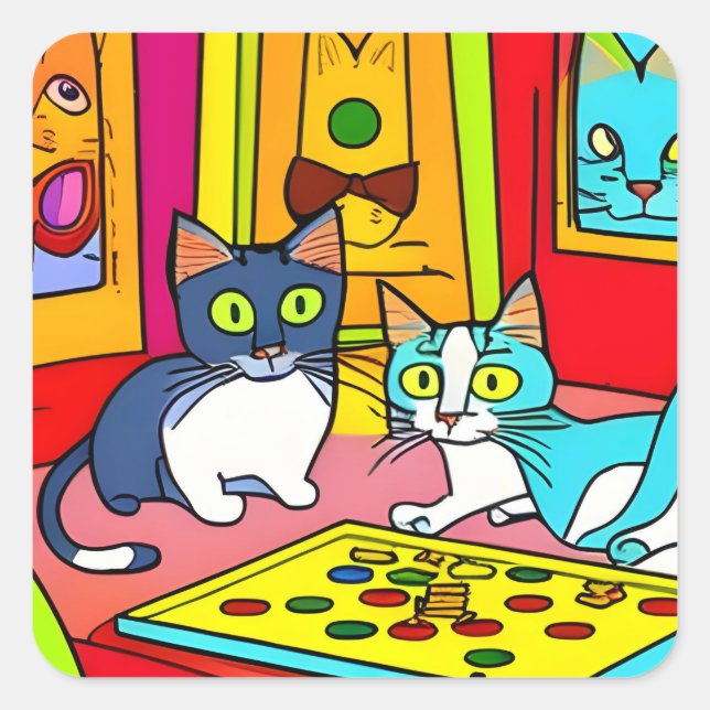 Sticker Carré Nuit de jeu de chats amusants (Devant)