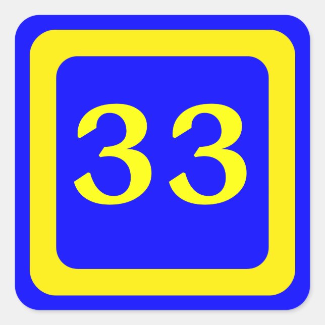 Sticker Carré numéro 33, arrière - plan bleu, cadre jaune (Devant)