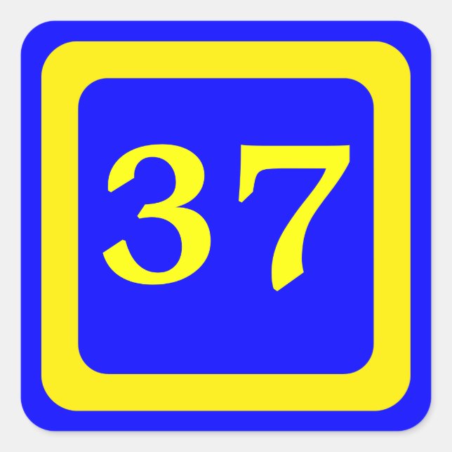 Sticker Carré numéro 37, arrière - plan bleu, cadre jaune (Devant)