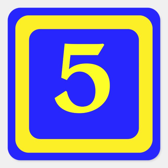 Sticker Carré numéro 5, arrière - plan bleu, cadre jaune (Devant)