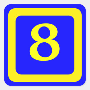 Sticker Carré numéro 8, arrière - plan bleu, cadre jaune