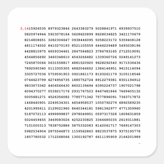 Sticker Carré Numéro Pi 1000 Premiers Chiffres | Symbole mathéma (Devant)