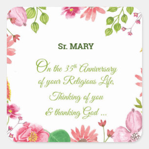 Sticker Carré Nun Religieux 35e Anniversaire Fleurs aquarelles