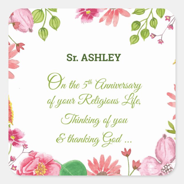 Sticker Carré Nun Religieux 5e Anniversaire Fleurs aquarelles (Devant)