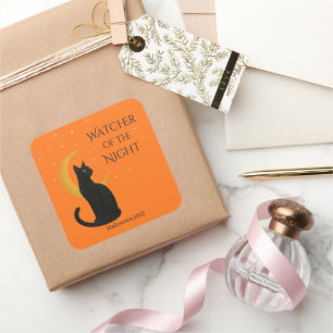 Sticker Carré Observateur de la nuit - Chat noir d'Halloween