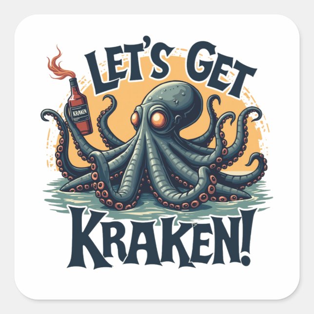 Sticker Carré Obtenons Kraken Funny Rum Boire du poulpe (Devant)