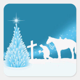 Sticker Carré Occidental Noël Cowboy prier scène d'hiver