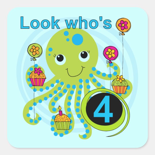 Sticker Carré Octopus 4e anniversaire T-shirts et cadeaux (Devant)