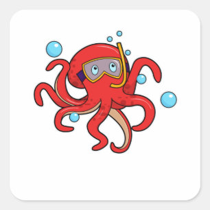 Sticker Carré Octopus à la plongée avec lunettes de natation