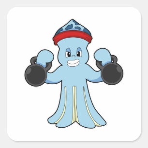 Sticker Carré Octopus comme Bodybuilder avec des cloches