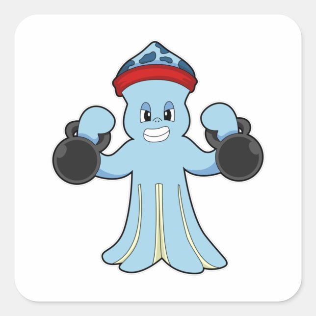Sticker Carré Octopus comme Bodybuilder avec des cloches (Devant)