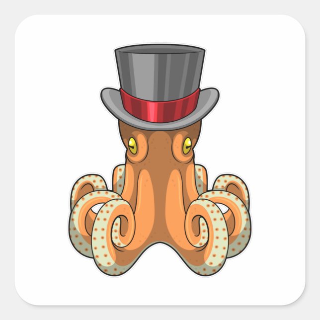 Sticker Carré Octopus comme Gentleman avec chapeau supérieur (Devant)