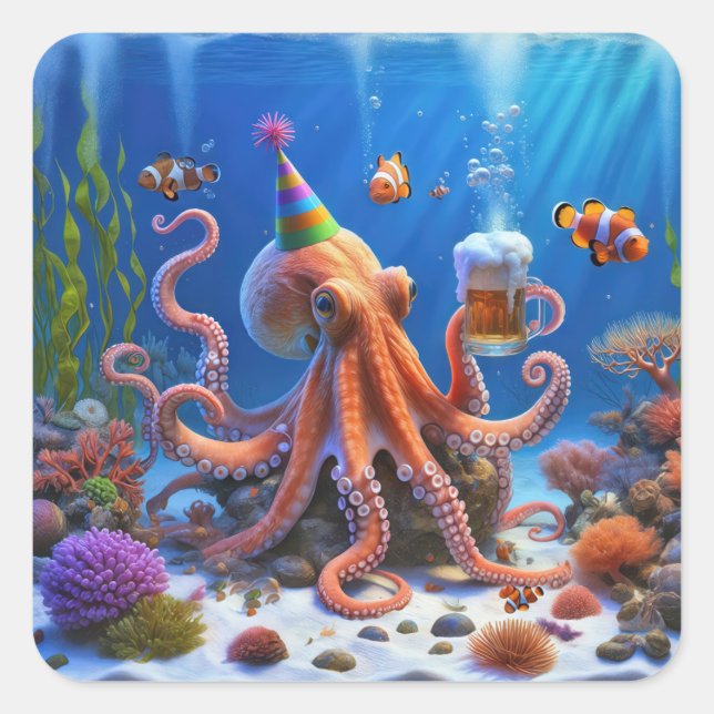 Sticker Carré Octopus d'anniversaire avec une bière (Devant)