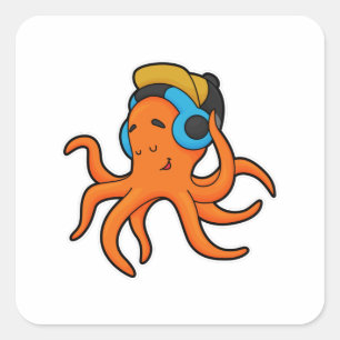 Sticker Carré Octopus en musique avec casque