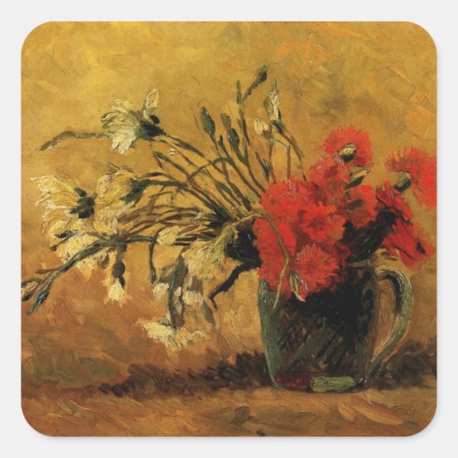 Sticker Carré Oeillets rouges et blancs par Vincent van Gogh (Devant)
