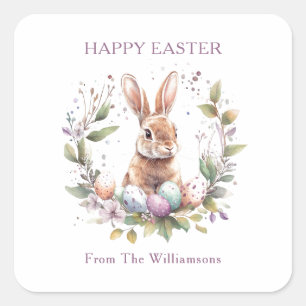 Sticker Carré OEufs de Pâques de lapin de printemps Wreath perso