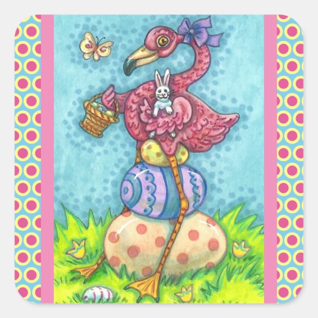 STICKER CARRÉ OEUFS DE PÂQUES ET FLAMANT ROSE ROSE BÉBÉ AVEC BUN (Devant)