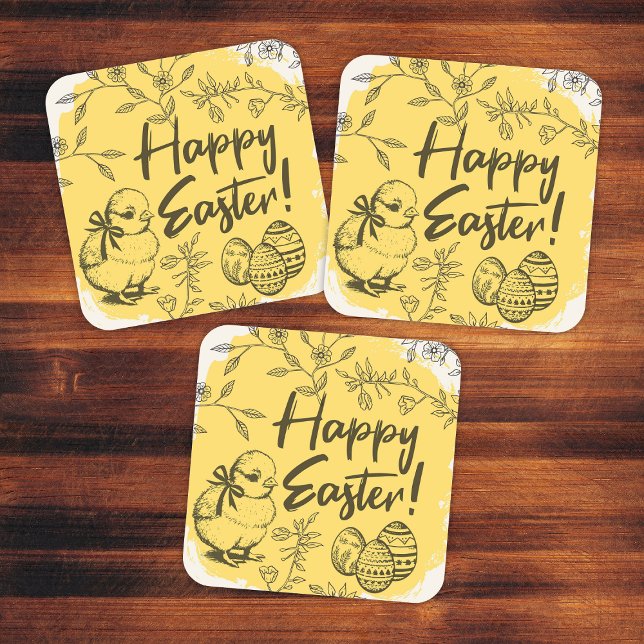 Sticker Carré Œufs de Pâques & Poussin Jaune (Happy Easter Eggs & Chick Yellow Square Sticker
)