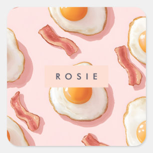 Sticker Carré Oeufs frits roses personnalisés et Motif de bacon