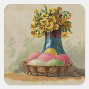 Sticker Carré Oeufs Pâques Panier Fleurs Antique