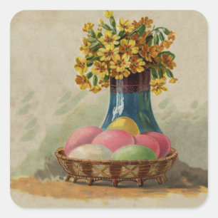 Sticker Carré Oeufs Pâques Panier Fleurs Antique